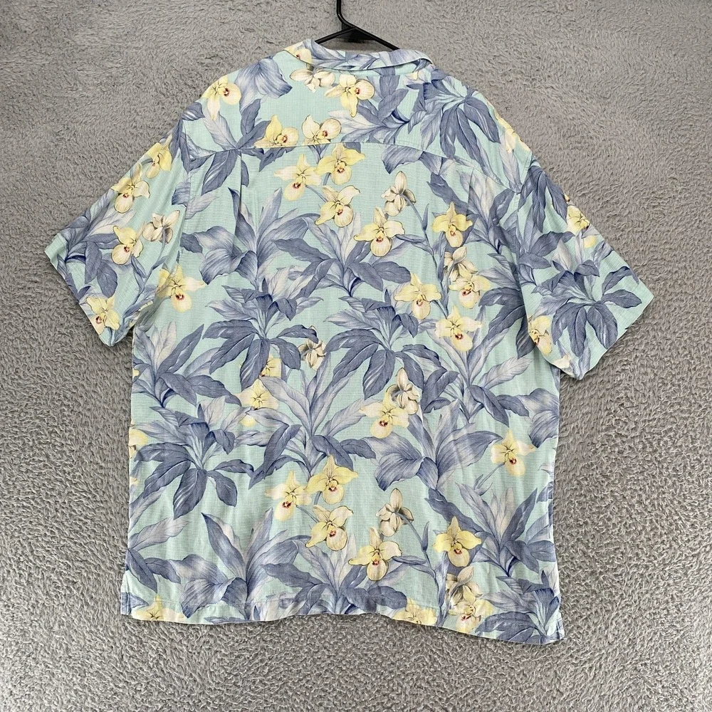 Tommy Bahama Camp Shirt Mens XL Blue Silk Hawaiian Orchid Short Sleeve Aloha